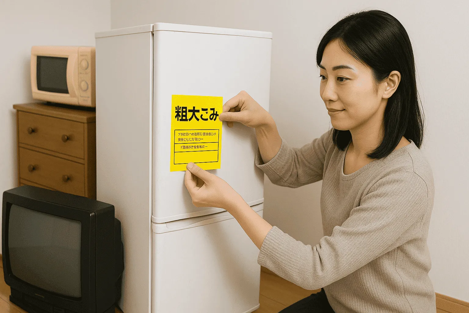 大型家具・家電に粗大ゴミシールを貼っている人