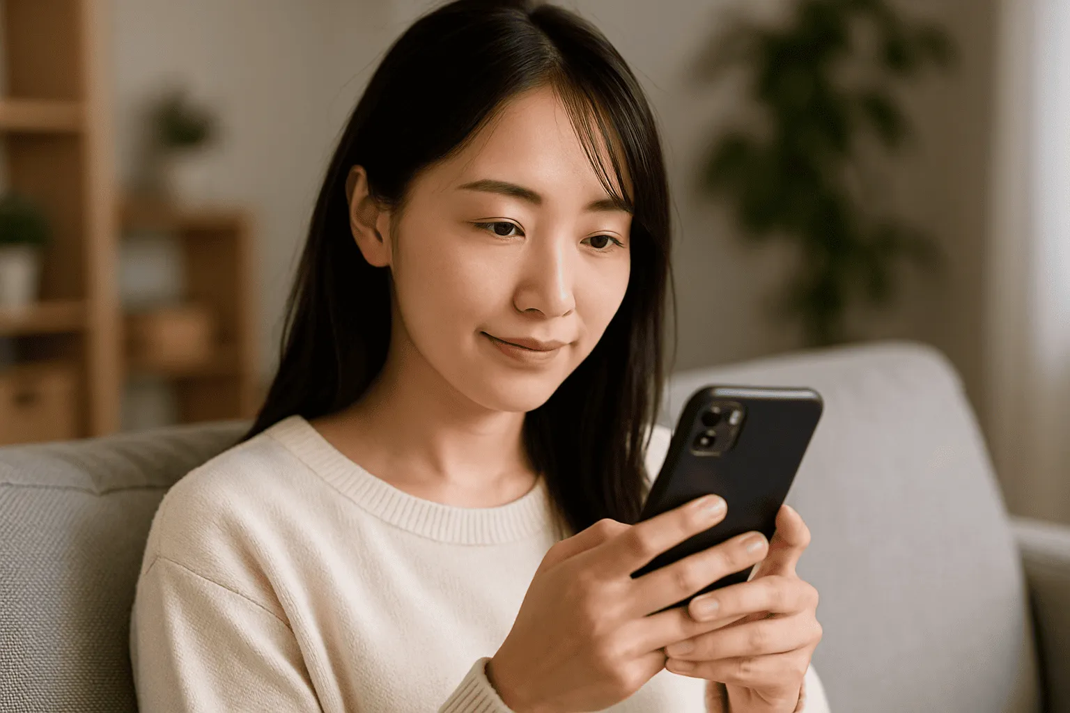 スマホで不用品のフリマサイトを見ている人