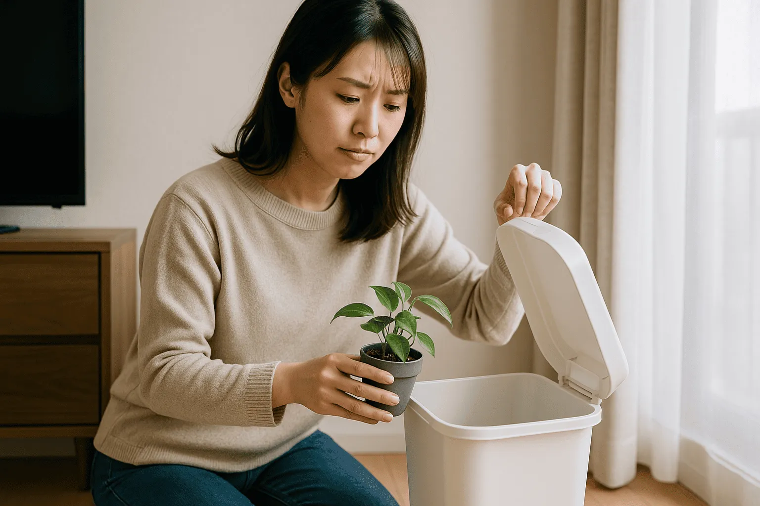 サイズが小さい観葉植物を捨てている人