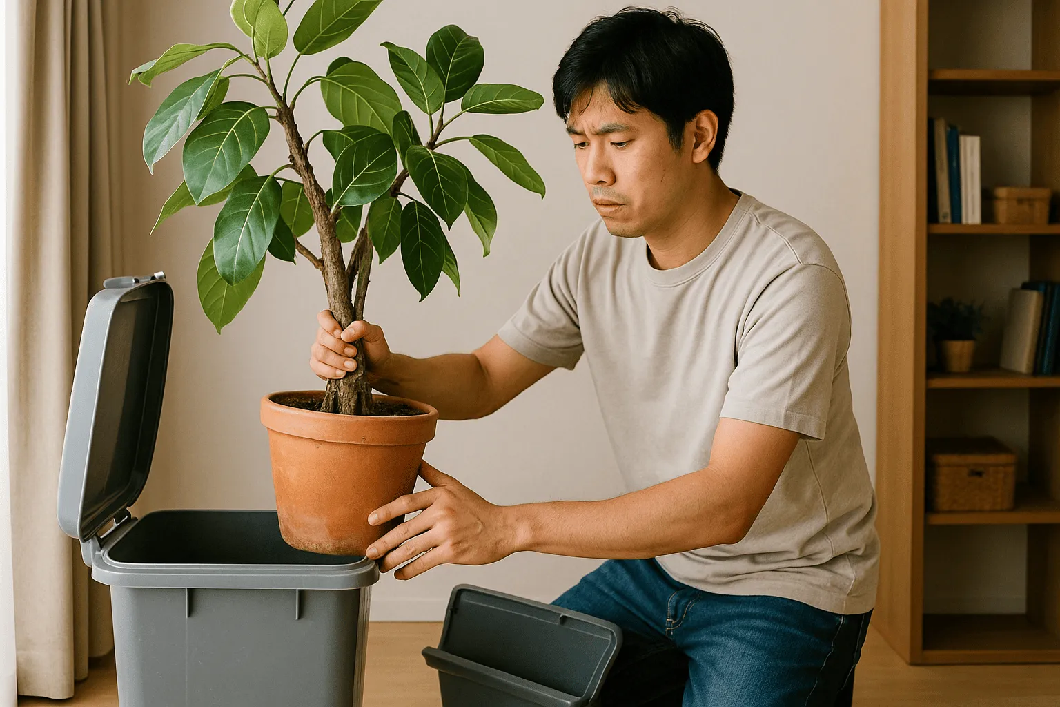 サイズが大きい観葉植物を捨てている人