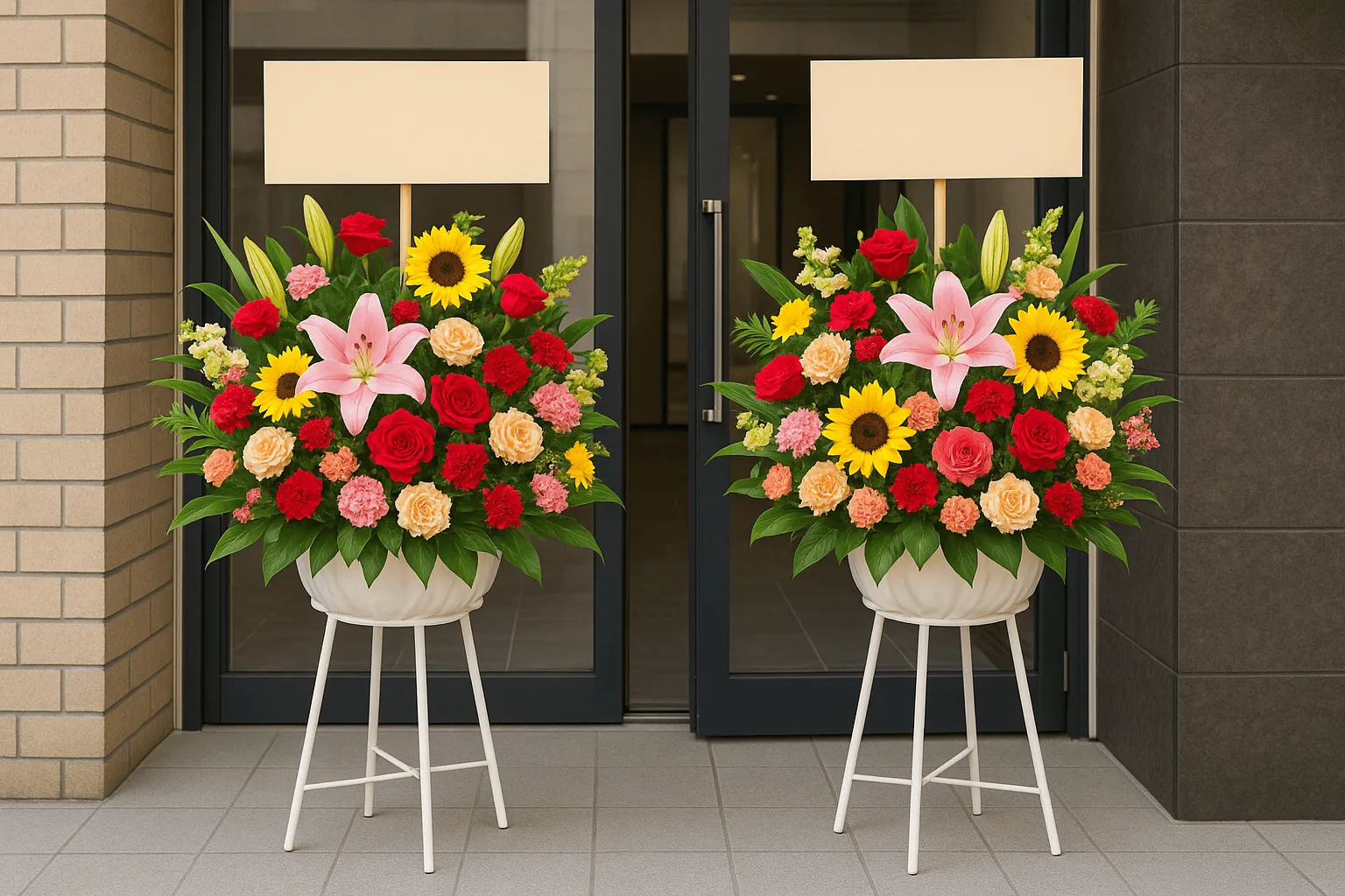 店舗開業したお祝いの花が置かれている入口のイメージ画像