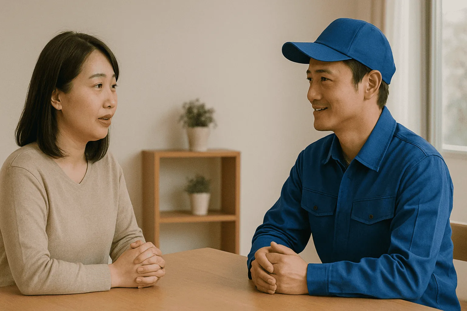 不用品回収業者と日本人女性が会話している画像