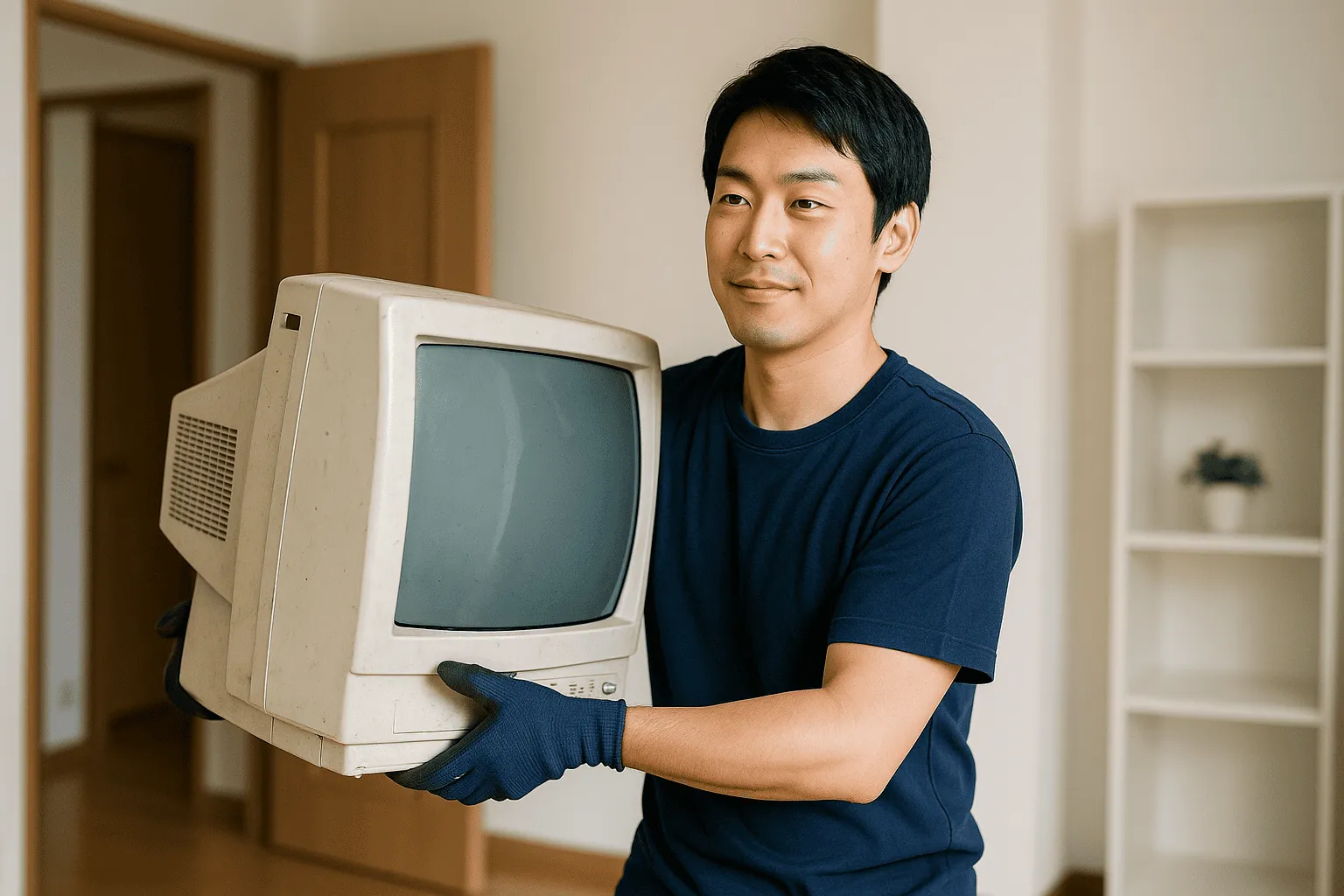 重量のあるテレビを回収している画像